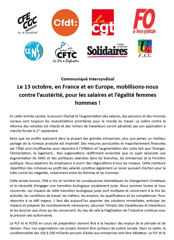Communiqué intersyndical – Le 13 octobre, en France et en Europe, mobilisons-nous contre l’austérité, pour les salaires et l’égalité femmes- hommes !