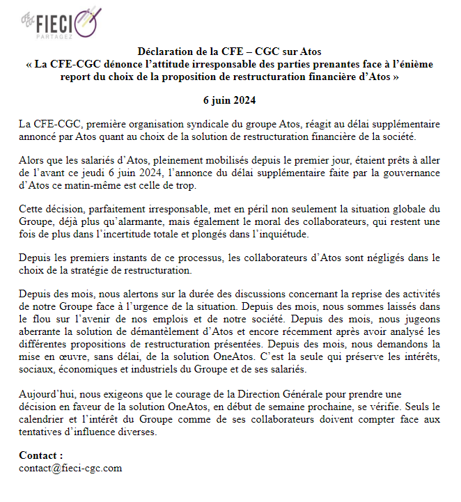 ATOS :  La CFE-CGC dénonce l’attitude irresponsable des parties prenantes face à l’énième report du choix de la proposition de restructuration financière d’Atos